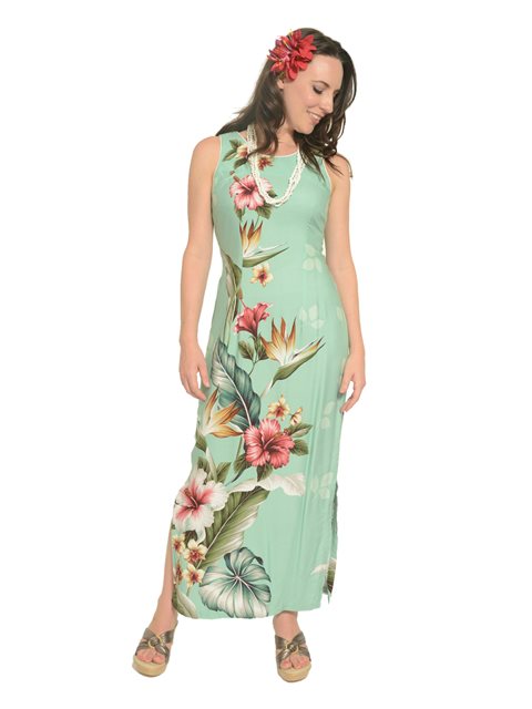 Royal Hawaiian Creations - Tropical Flowers Teal Rayon Hawaiian Piping Neck Slit Long Dress