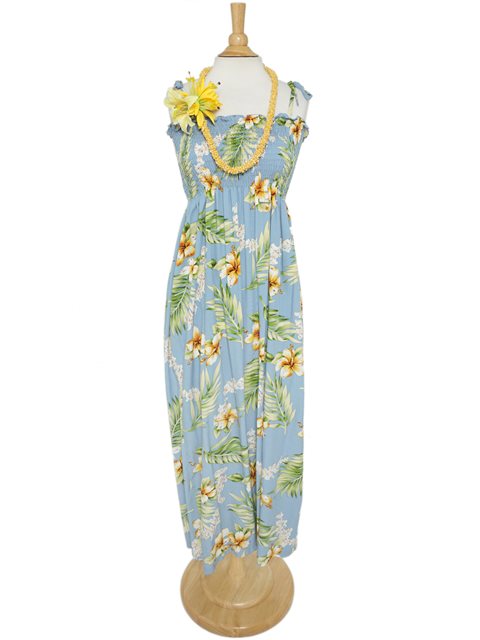 Two Palms - Tuberose Blue Rayon Hawaiian Summer Maxi Dress