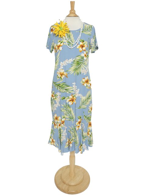 Two Palms - Tuberose Blue Rayon Hawaiian Sleeve Midi Dress