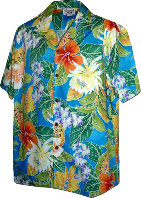 Pacific Legend - Tropical Flowers Blue Cotton Men's Hawaiian Shirt