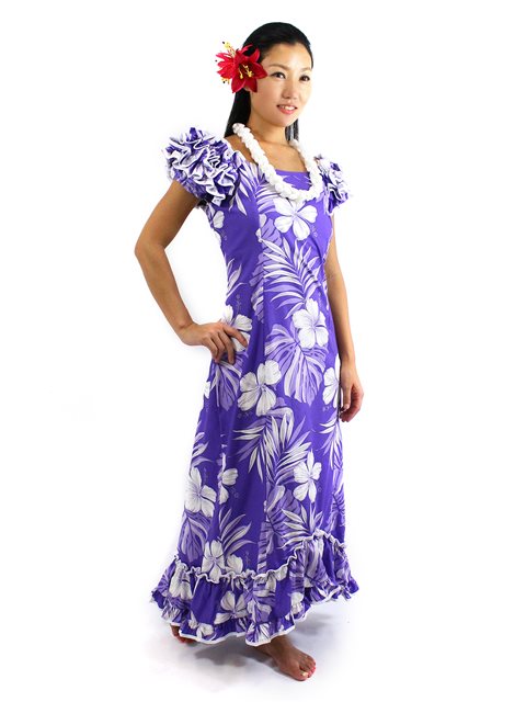 Pacific Legend - Hibiscus Purple Cotton Hawaiian Ruffle Long Muumuu Dress