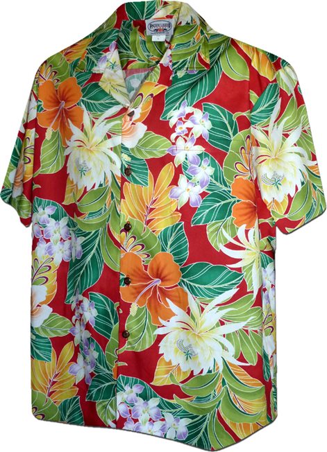 Pacific Legend - Tropical Flowers Red Cotton Men's Hawaiian Shirt