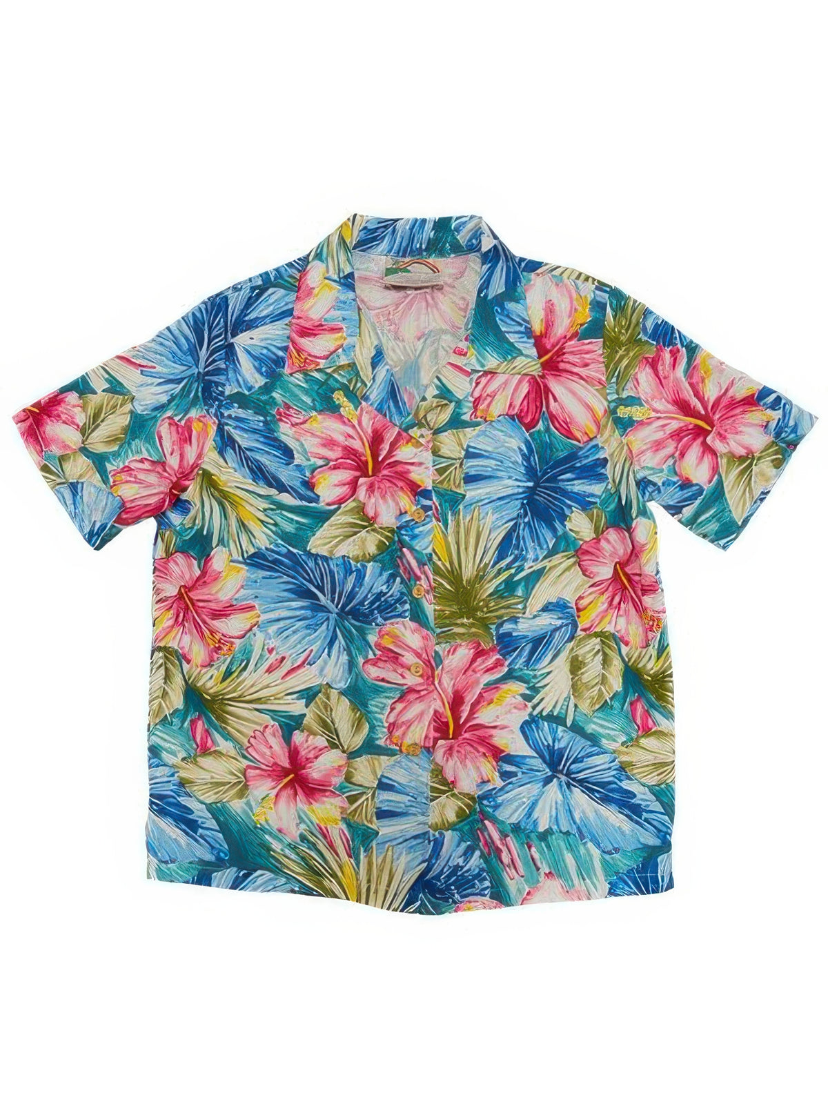 Paradise Found - Painted Hibiscus Teal Rayon Women's Hawaiian Shirt