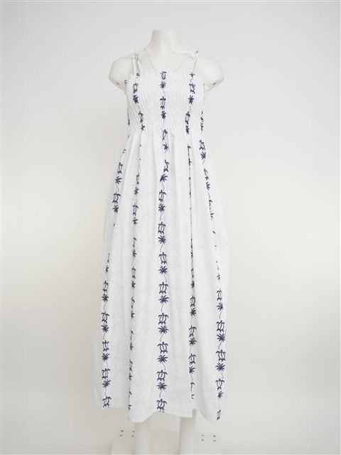 Royal Hawaiian Creations - Blue Honu White Cotton Hawaiian Elastic Strap Tube Dress