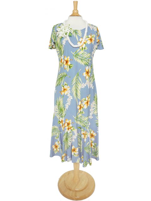 Two Palms - Tuberose Blue Rayon Hawaiian Long Dress