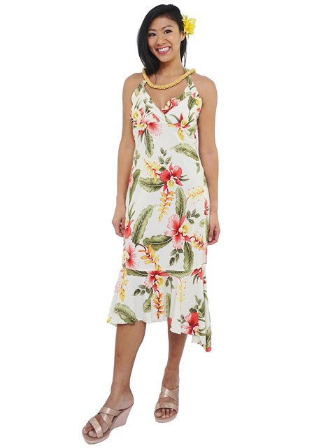 Two Palms - Sonic Beige Rayon Hawaiian Halter Neck Midi Dress S
