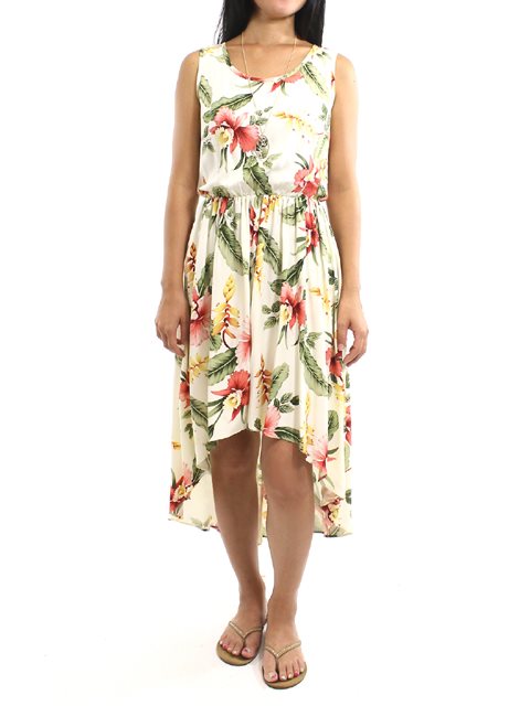 Two Palms - Sonic Beige Rayon Hawaiian Hi-Low Midi Dress