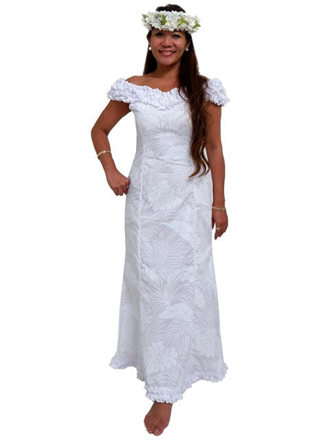 Anuenue - Monstera White Poly Cotton Hawaiian Nahenahe Ruffle Long Muumuu Dress