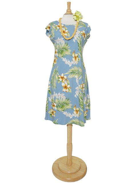 Two Palms - Tuberose Blue Rayon Hawaiian Handkerchief Sleeve Midi Dress