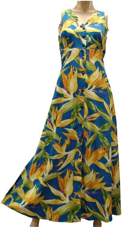 Paradise Found - Watercolor Bird of Paradise Blue Rayon Hawaiian Long Dress