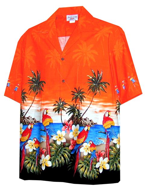 Pacific Legend - Parrot Orange Cotton Men's Border Hawaiian Shirt