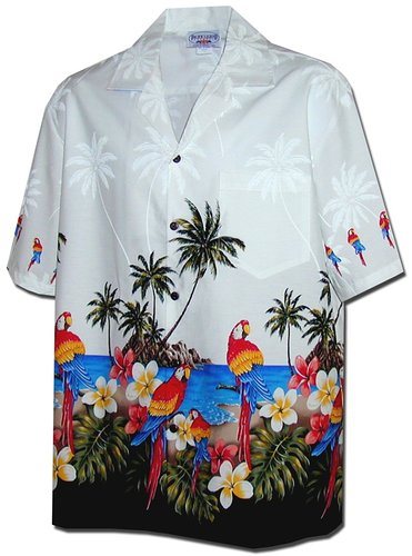 Pacific Legend - Parrot White Cotton Men's Border Hawaiian Shirt