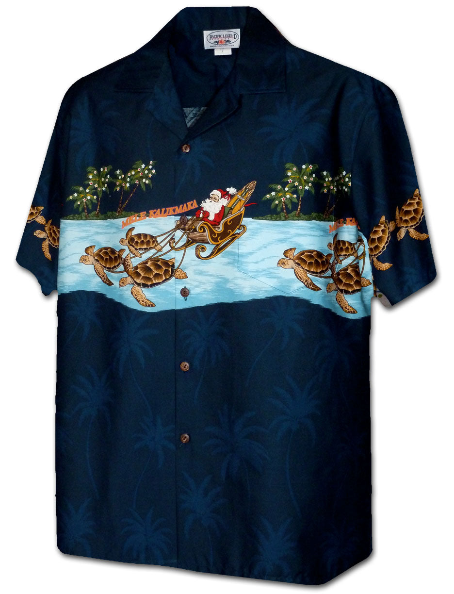 Pacific Legend - Honu Border Christmas Navy Cotton Men's Hawaiian Shirt