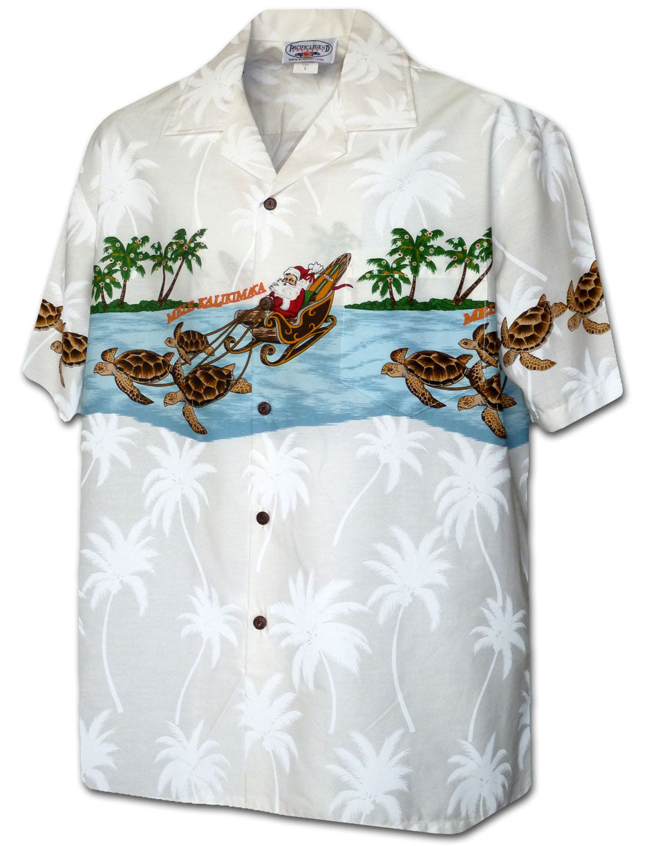 Pacific Legend - Honu Border Christmas White Cotton Men's Hawaiian Shirt