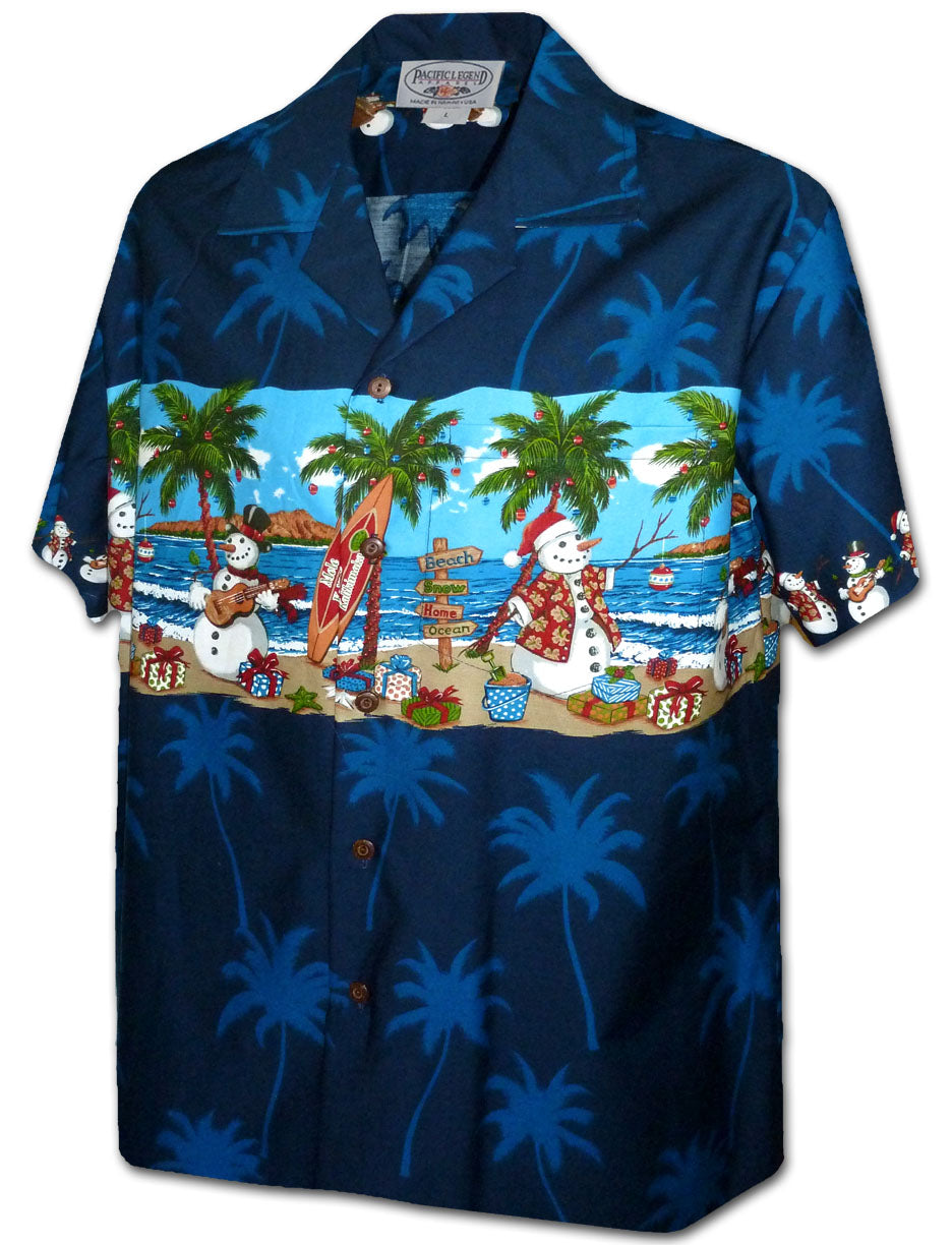 Pacific Legend - Snowman with Palm Tree Navy Cotton Men's Hawaiian Shirt