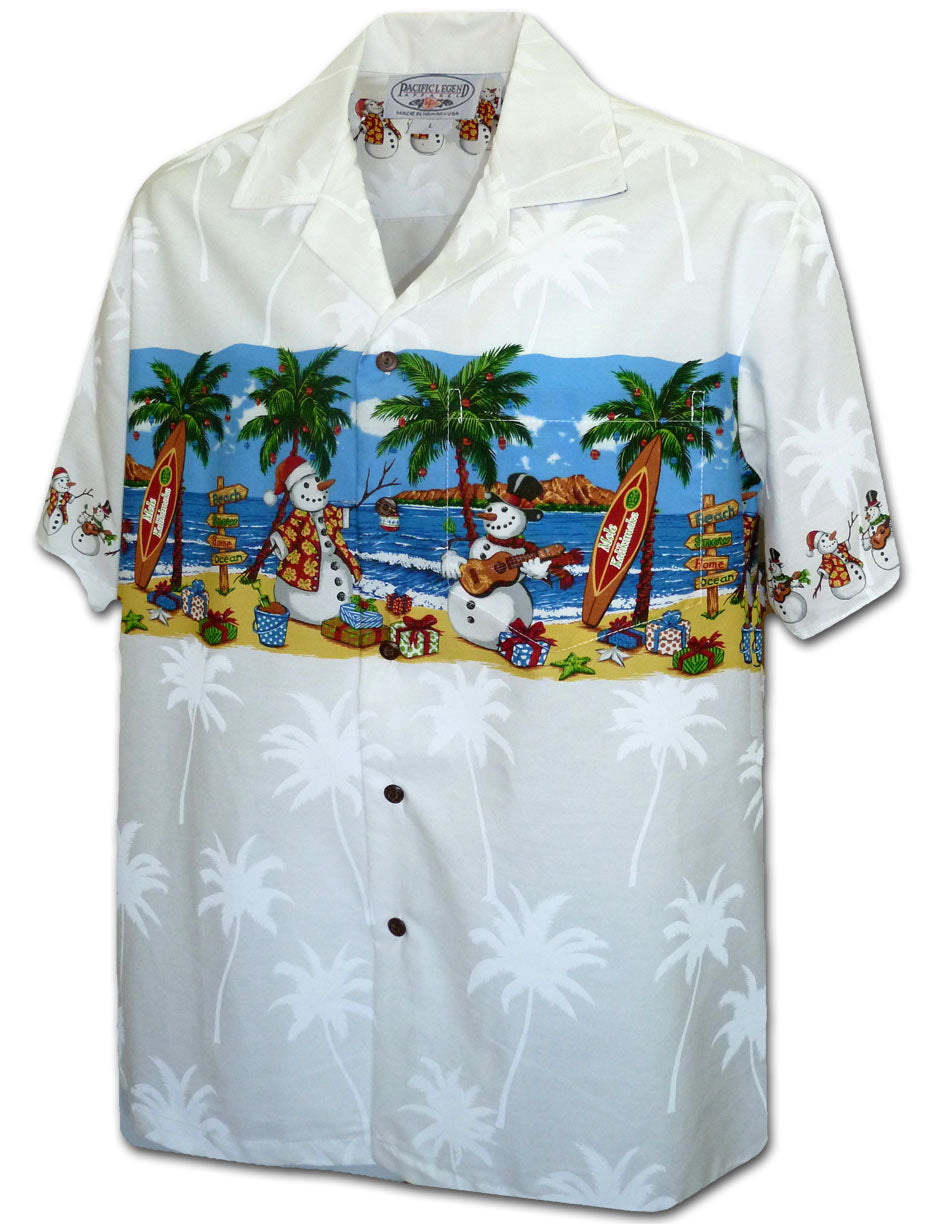 Pacific Legend - Snowman with Palm Tree White Cotton Men's Hawaiian Shirt