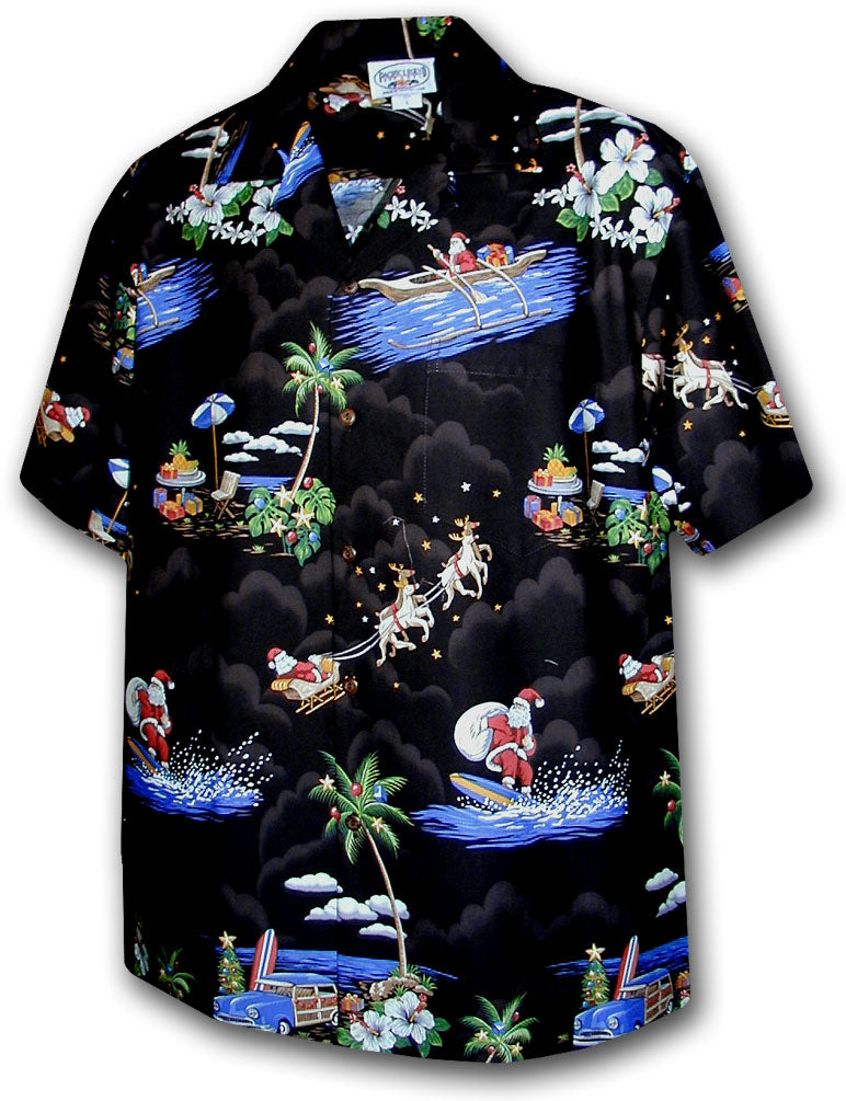 Pacific Legend - Surfing Santa Black Cotton Men's Hawaiian Shirt