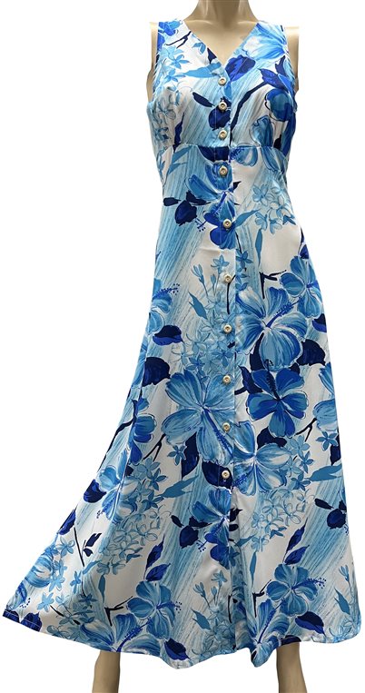 Paradise Found - Watercolor Hibiscus Blue Rayon Hawaiian Long Dress