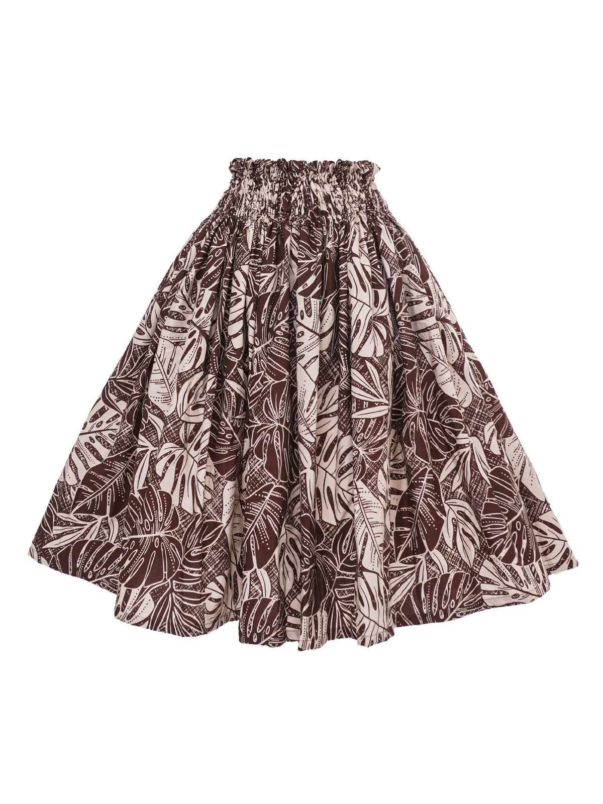 Ka Makani - Monstera & Areca Palm Leaf Brown Poly Cotton Hula Pau Skirt / 3 Bands