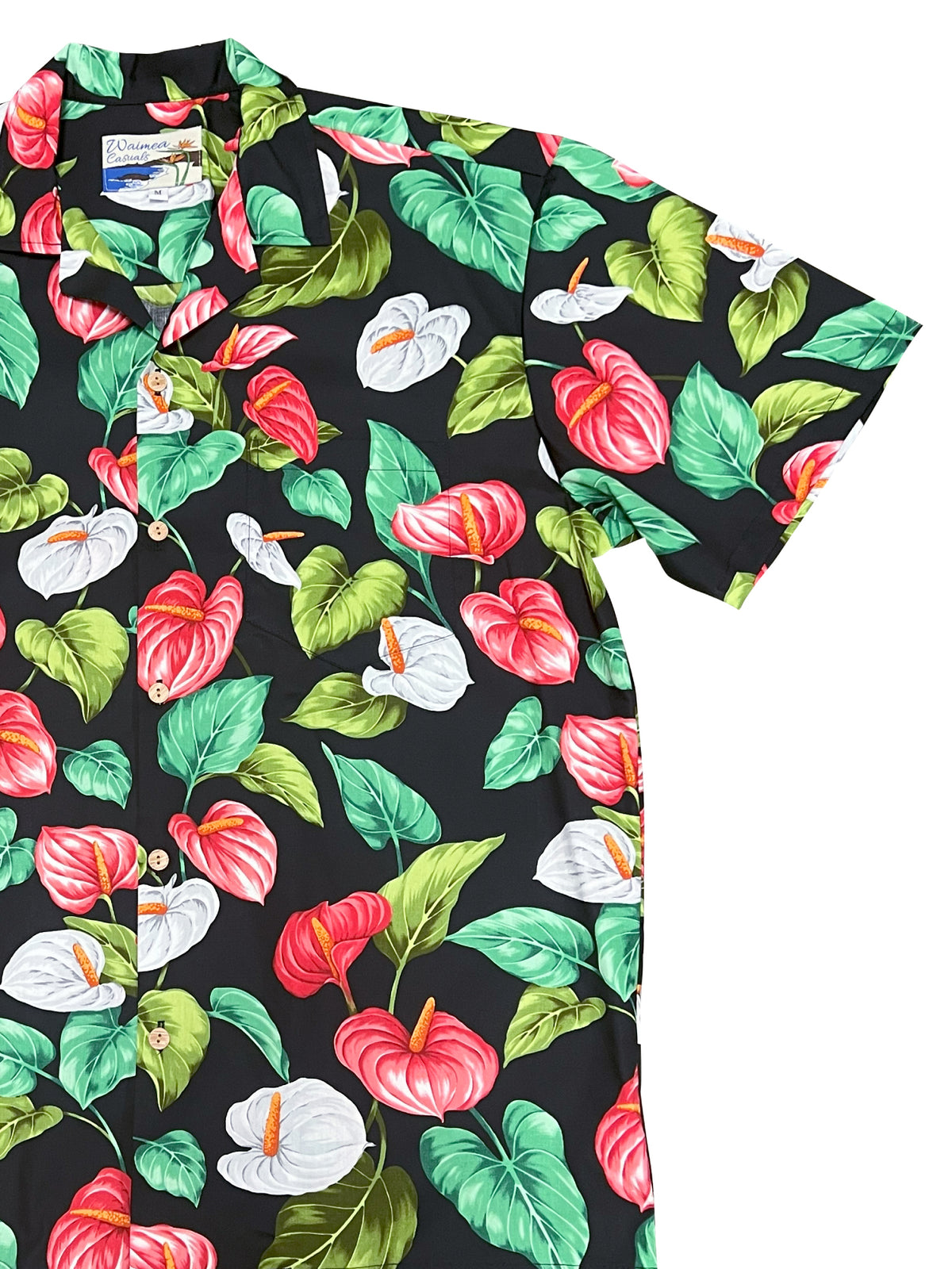 Waimea Casuals - Anthurium Black Cotton Men's Hawaiian Shirt
