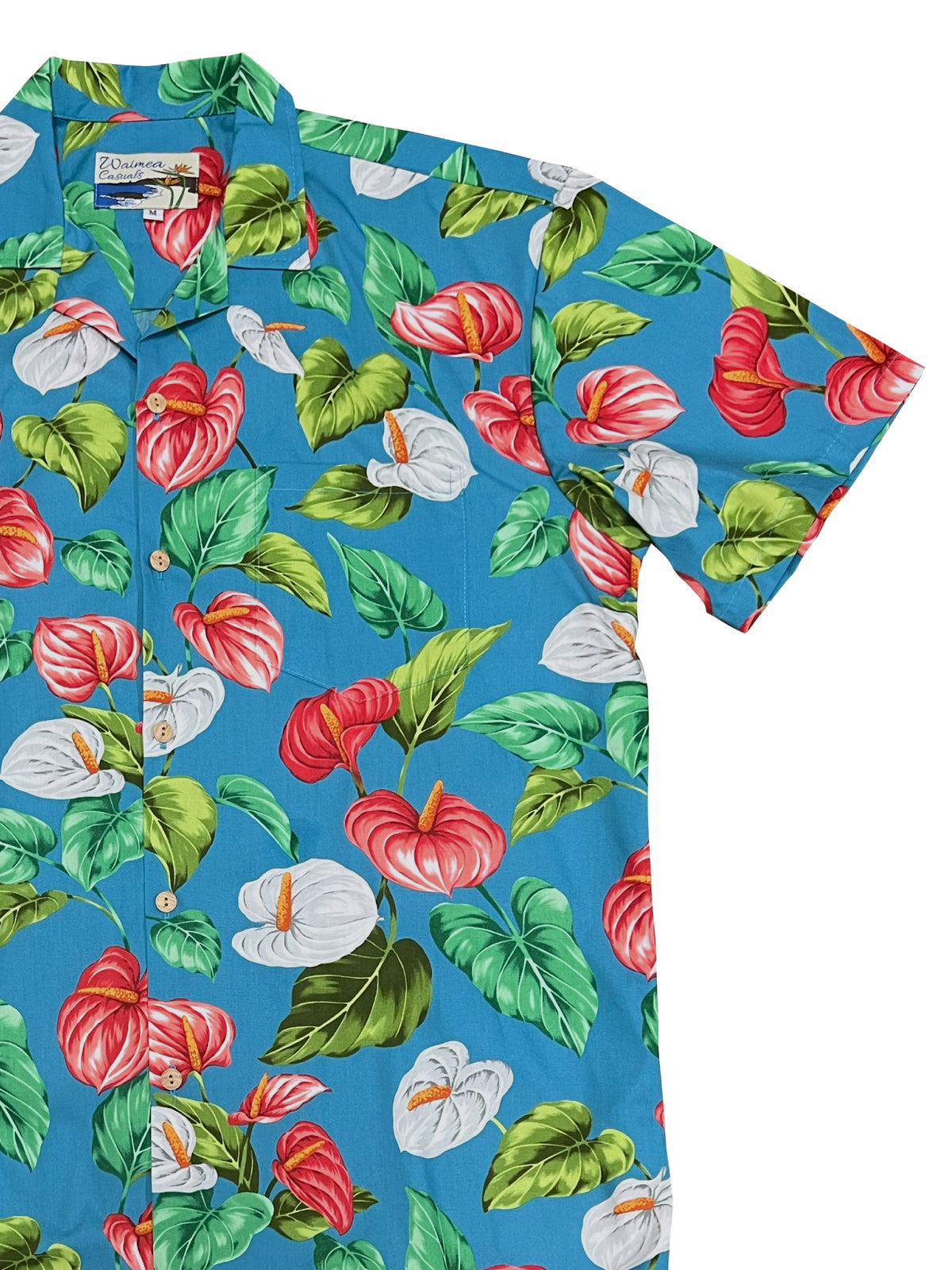 Waimea Casuals - Anthurium Turquoise Cotton Men's Hawaiian Shirt