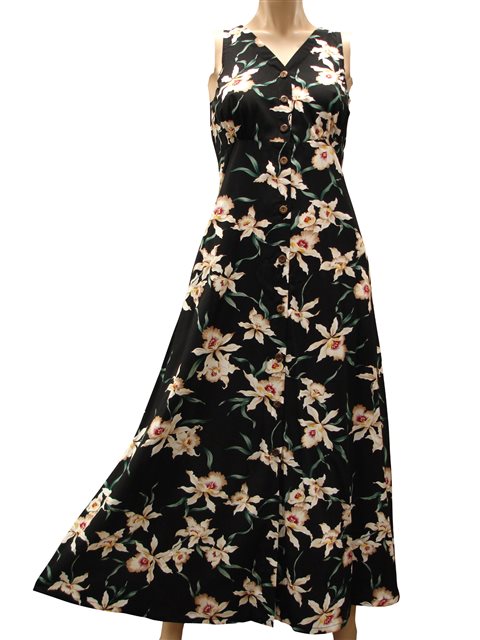 Paradise Found - Star Orchid Black Rayon Hawaiian Long Dress
