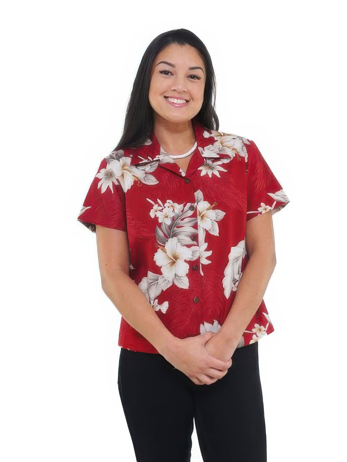 Pacific Legend - Hibiscus Red Cotton Women's Fitted Hawaiian Shirt
