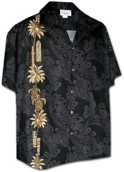 Pacific Legend - Tiki & Honu Black Cotton Men's Hawaiian Shirt