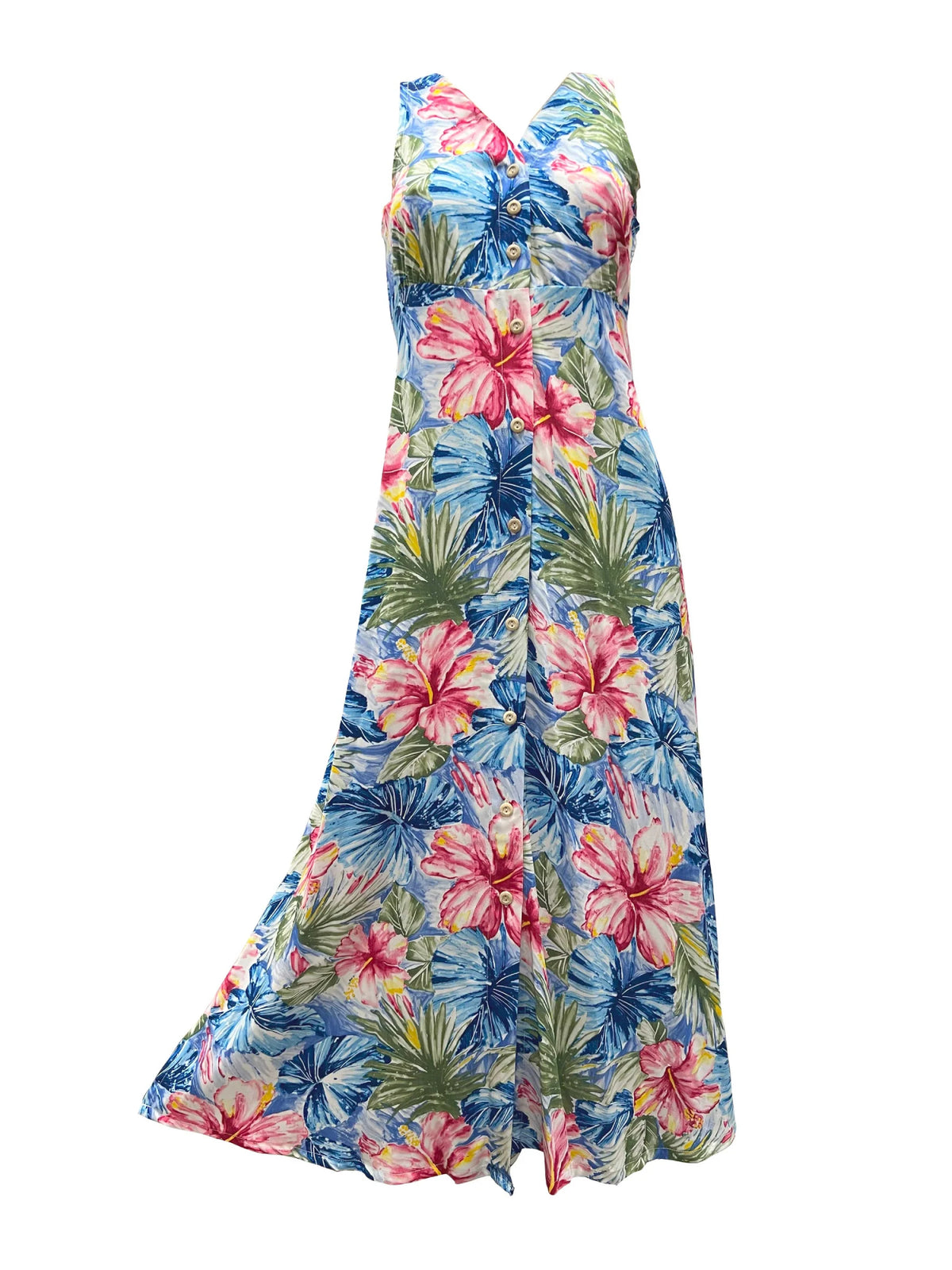 Paradise Found - Painted Hibiscus Blue Rayon Hawaiian Long Dress