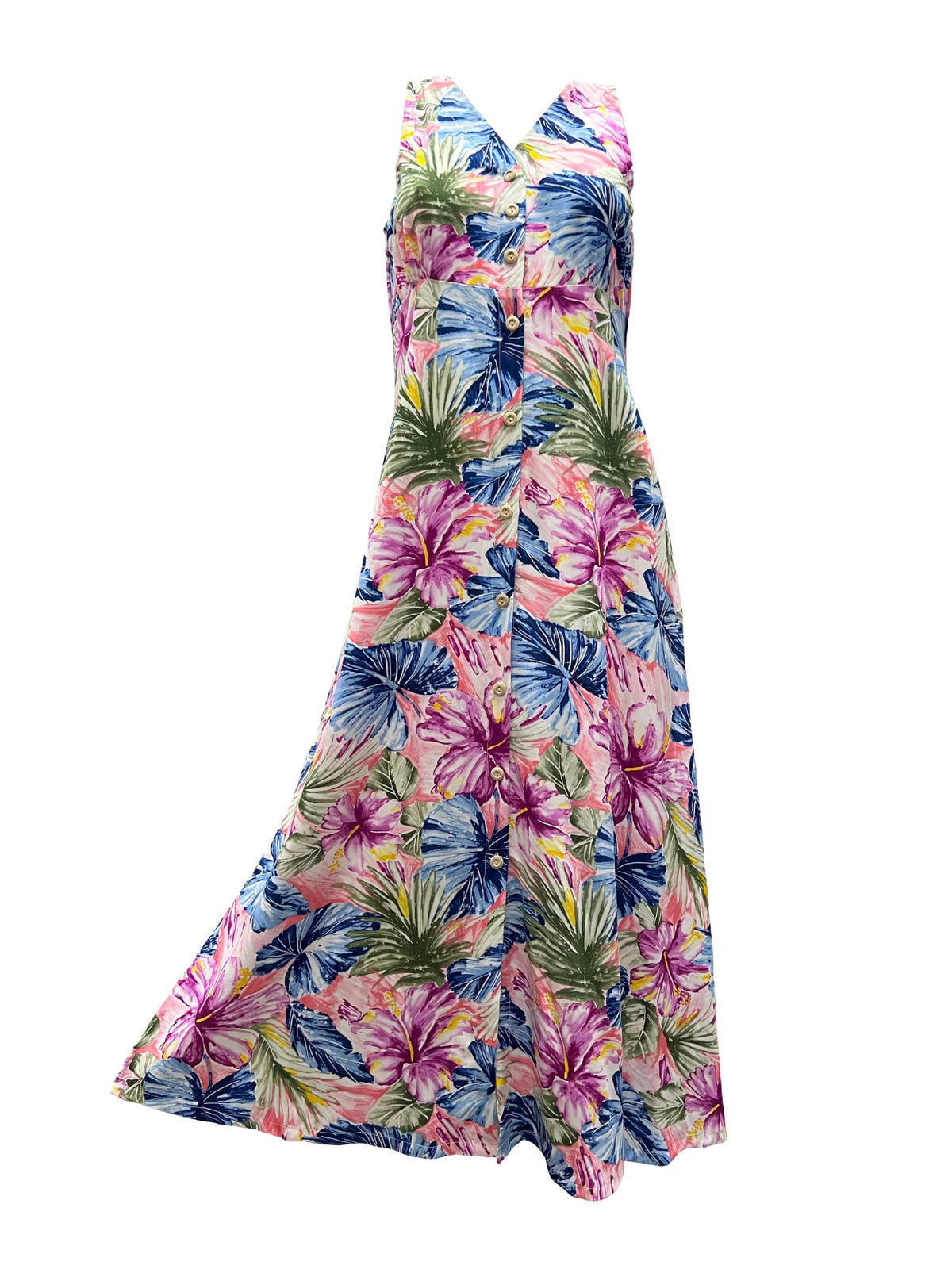 Paradise Found - Painted Hibiscus Coral Rayon Hawaiian Long Dress