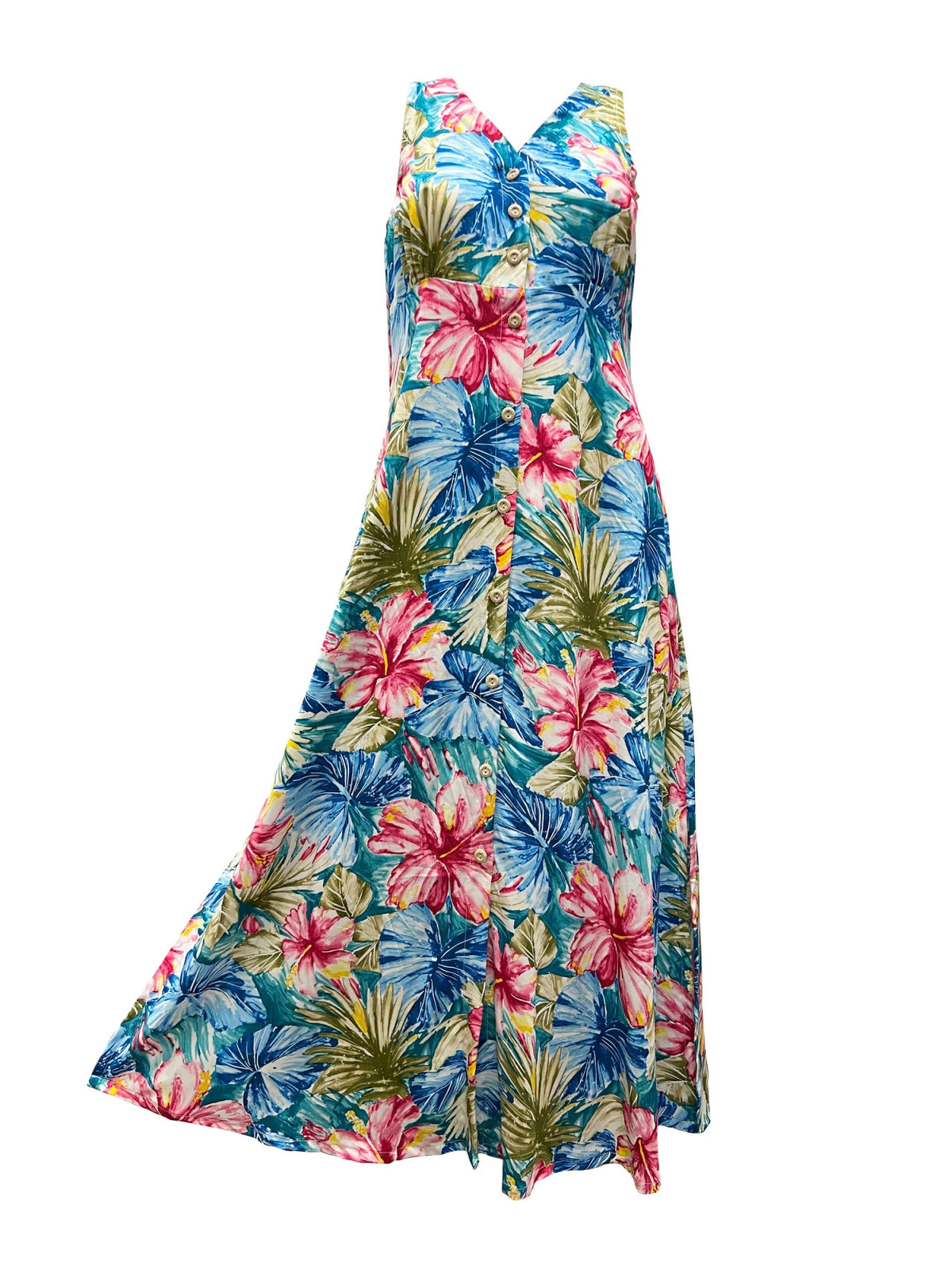 Paradise Found - Painted Hibiscus Teal Rayon Hawaiian Long Dress