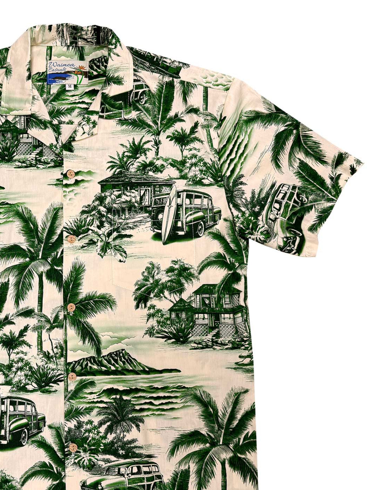 Waimea Casuals - Paradise Woody Green Cotton Men's Hawaiian Shirt