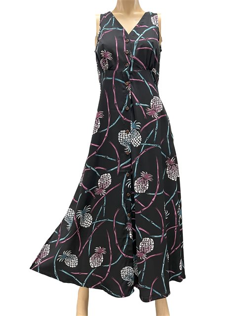 Paradise Found - Pineapple Bamboo Black Rayon Hawaiian Long Dress