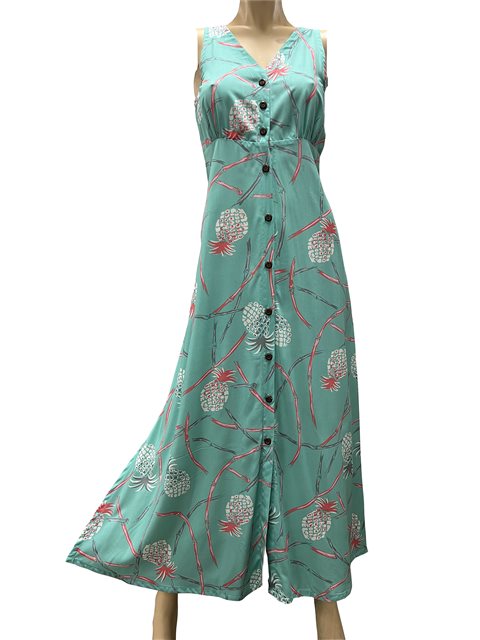 Paradise Found - Pineapple Bamboo Sea Foam Rayon Hawaiian Long Dress