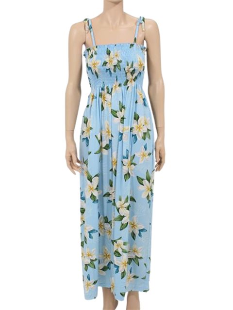 Two Palms - Plumeria Light Blue Rayon Hawaiian Summer Maxi Dress