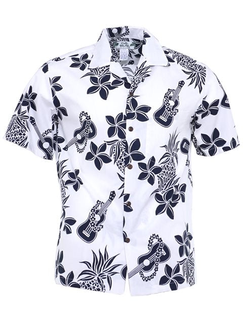 Two Palms - Ukulele White Cotton Men's Open collar Hawaiian Shirt