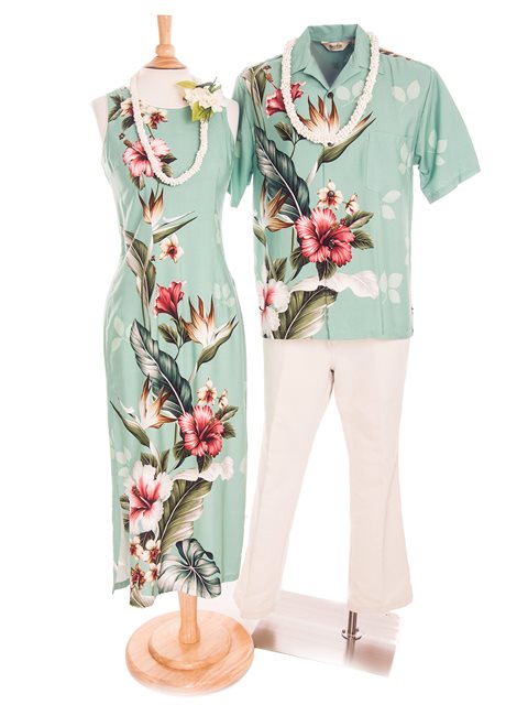 Hawaiian Dress and Shirt Couple Matching Bundle - Tropical Flowers Teal