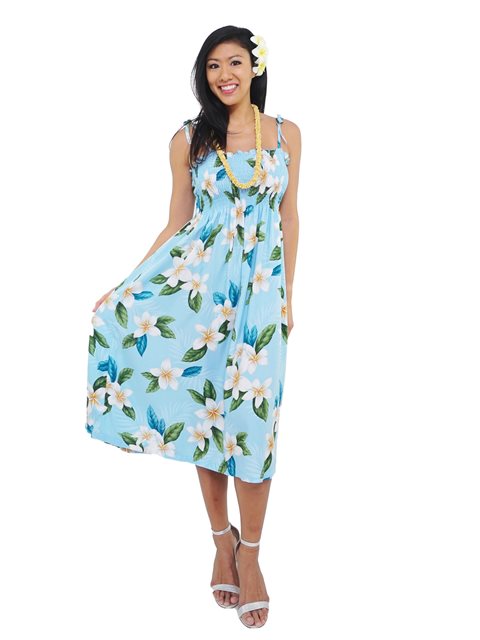 Two Palms - Plumeria Light Blue Rayon Hawaiian Summer Midi Dress