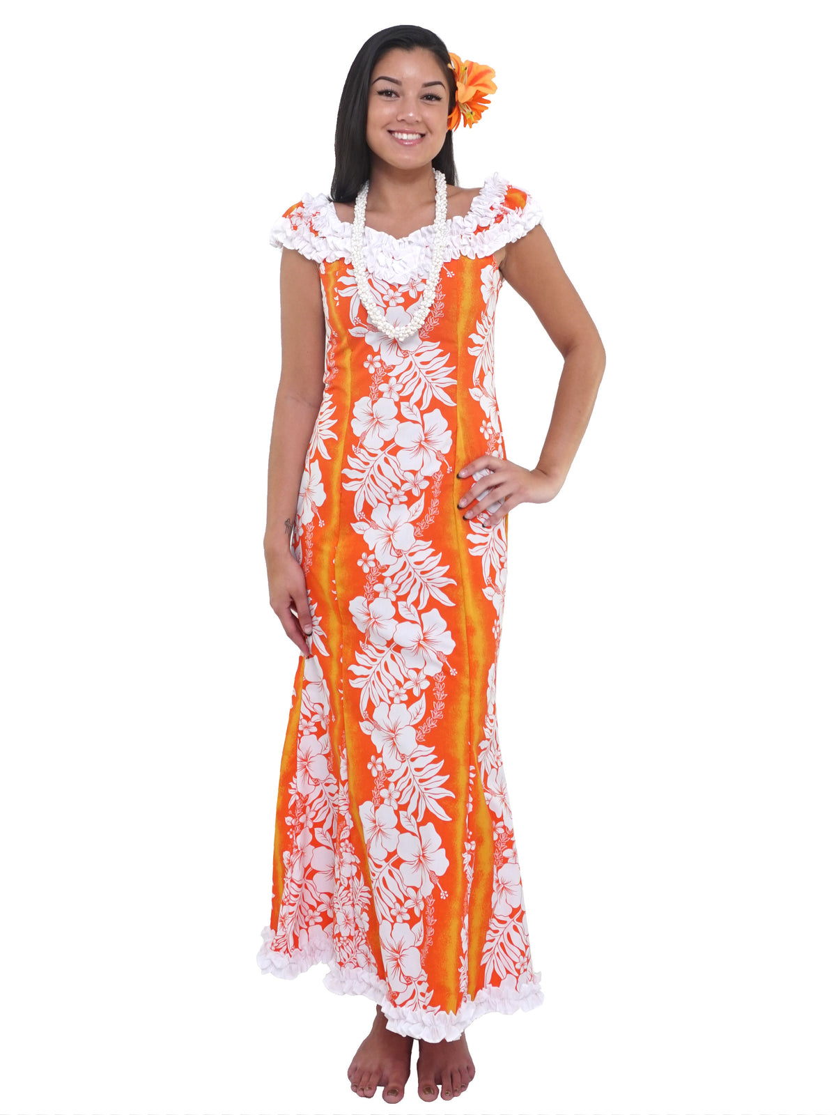 Royal Hawaiian Creations - New Hibiscus Fern Panel Orange Poly Cotton Hawaiian Nahenahe Ruffle Long Muumuu Dress