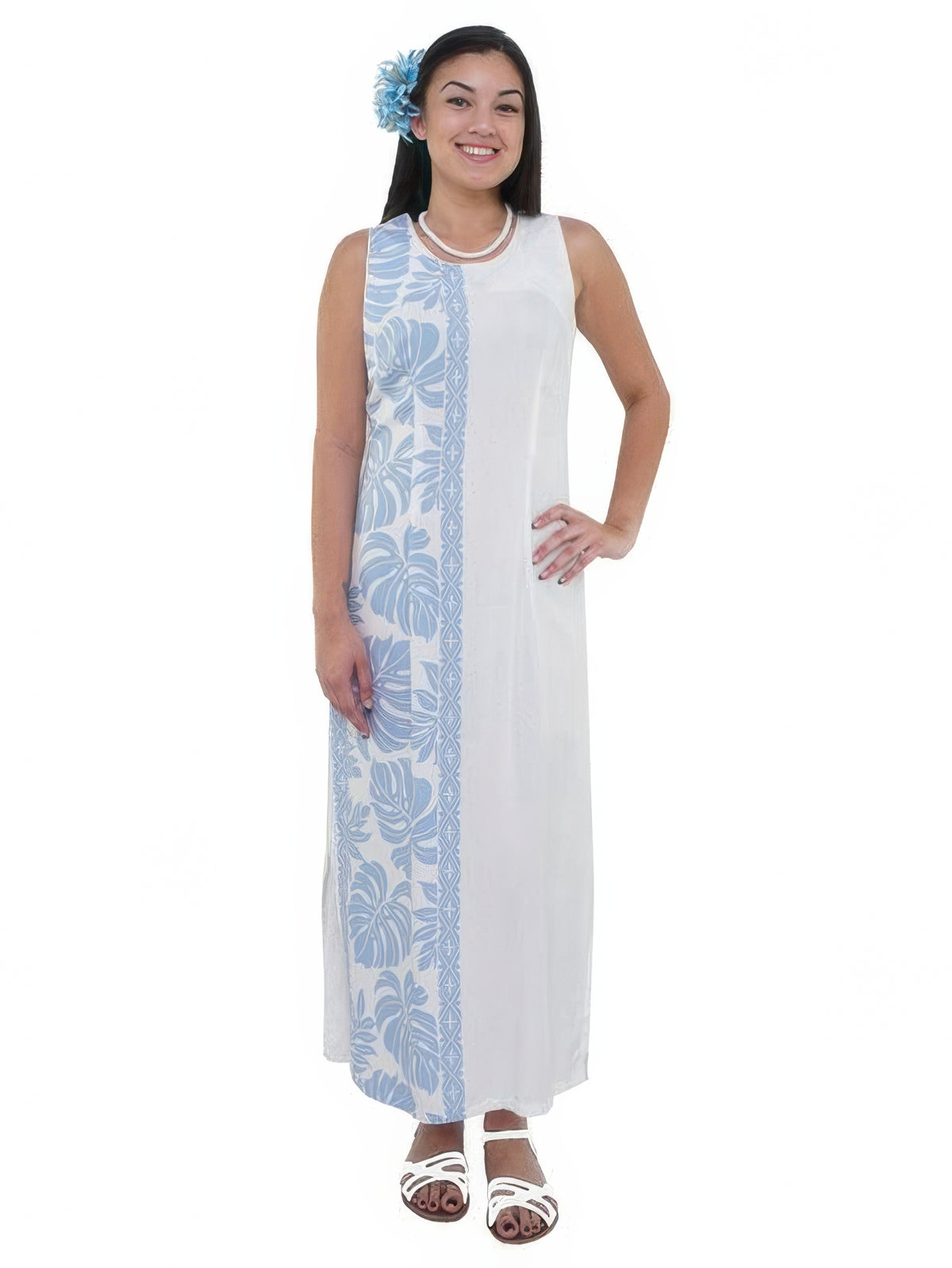 Hilo Hattie - Prince Kuhio White & Blue Rayon Piping Neck Long Dress