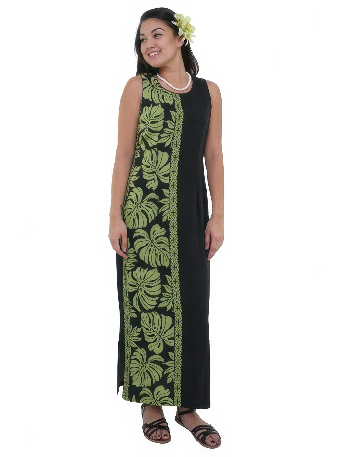 Hilo Hattie - Prince Kuhio Black & Green Rayon Piping Neck Long Dress