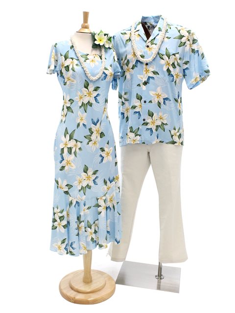 Hawaiian Dress and Shirt Couple Matching Bundle - Plumeria Light Blue Kamakani Hawaiian Dress and Shirt Couple Matching Bundle - Plumeria Light Blue Kamakani