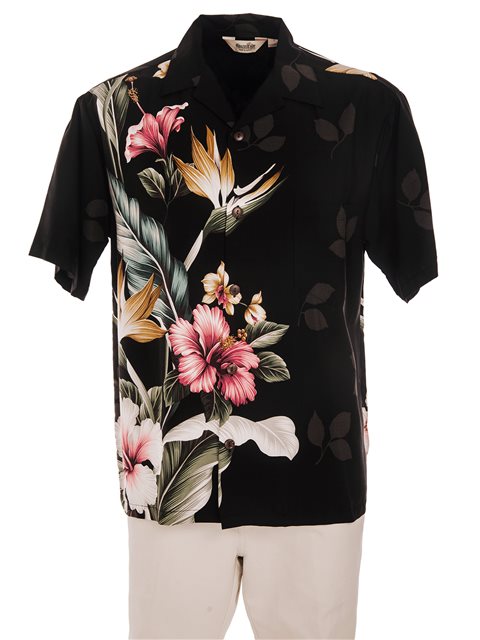 Royal Hawaiian Creations - Tropical Flowers Black Rayon Men's Hawaiian Shirt