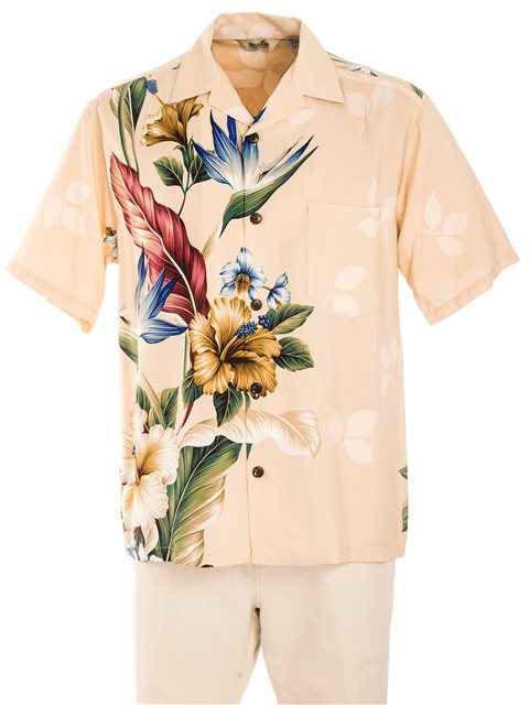 Royal Hawaiian Creations - Tropical Flowers Cream Rayon Men's Hawaiian Shirt