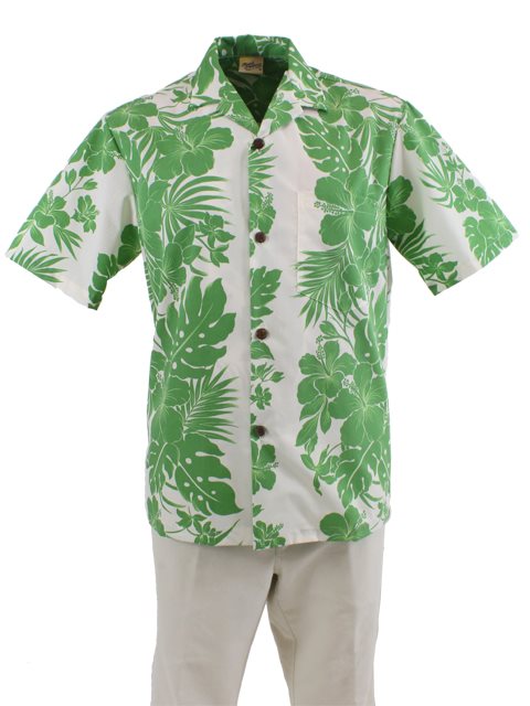 A men's Hawaiian shirt with an open collar, featuring a green floral pattern on a light background, with coconut buttons. The shirt is displayed on a white mannequin.