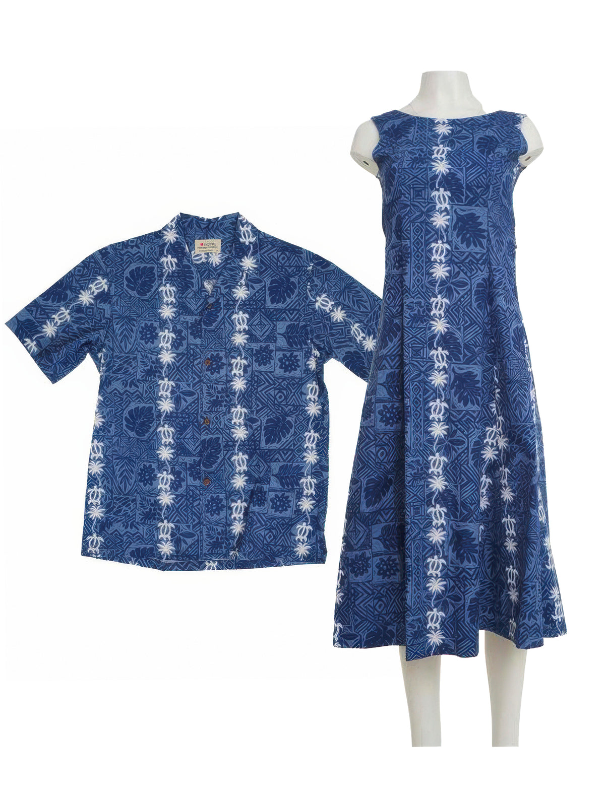Hawaiian Dress and Shirt Couple Matching Bundle - Honu & Palm Blue
