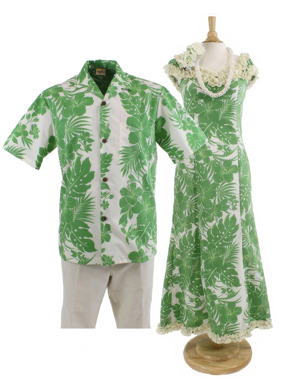 Hawaiian Dress and Shirt Couple Matching Bundle - Hibiscus Panel Green