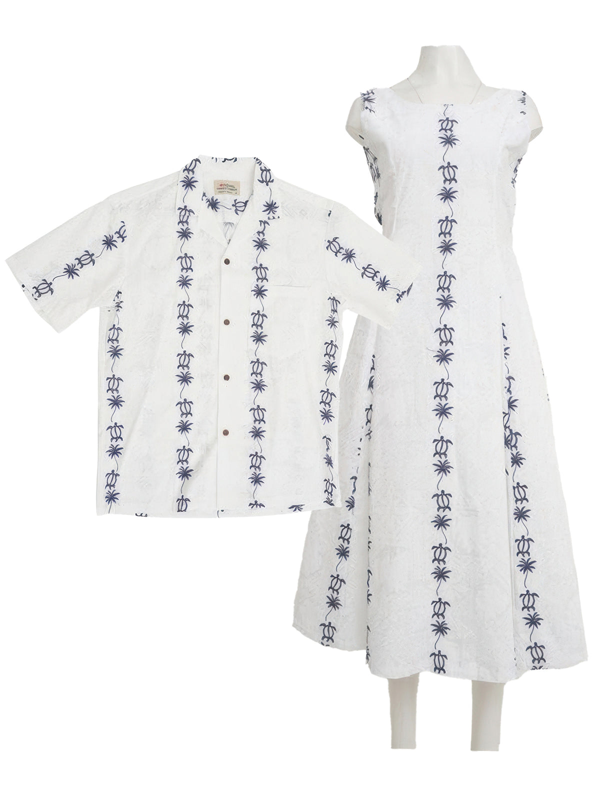 Hawaiian Dress and Shirt Couple Matching Bundle - Honu & Palm White