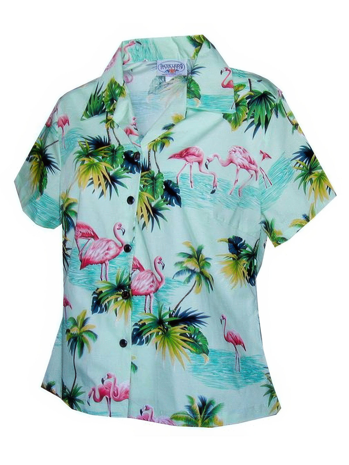 Pacific Legend - Flamingos Sage Cotton Women's Fitted Hawaiian Shirt