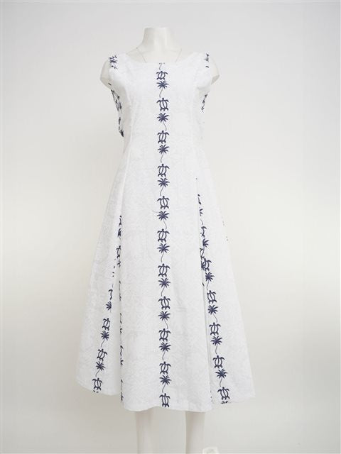 Royal Hawaiian Creations - Blue Honu White Cotton Hawaiian Sleeveless Sylvia Long Dress